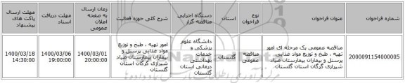 مناقصه عمومی یک مرحله ای امور تهیه ، طبخ و توزیع مواد غذایی پرسنل و بیماران بیمارستان صیاد شیرازی گرگان استان گلستان