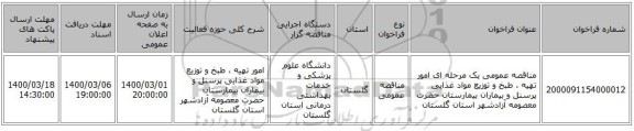 مناقصه عمومی یک مرحله ای امور تهیه ، طبخ و توزیع مواد غذایی پرسنل و بیماران بیمارستان حضرت معصومه آزادشهر استان گلستان