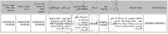 مناقصه عمومی یک مرحله ای امور تهیه ، طبخ و توزیع مواد غذایی پرسنل و بیماران بیمارستان امام خمینی (ره)بندرترکمن استان گلستان