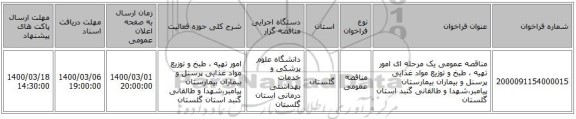 مناقصه عمومی یک مرحله ای امور تهیه ، طبخ و توزیع مواد غذایی پرسنل و بیماران بیمارستان پیامبر،شهدا و طالقانی گنبد استان گلستان