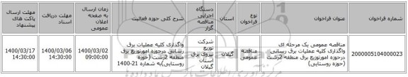 مناقصه عمومی یک مرحله ای واگذاری کلیه عملیات برق رسانی درحوزه امورتوزیع برق منطقه 2رشت (حوزه روستایی)