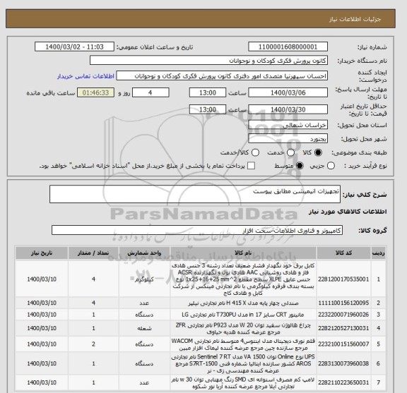 استعلام تجهیزات انیمیشن مطابق پیوست