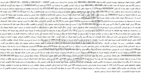 آگهی مزایده ششدانگ اعیان یکباب واحد تجاری بمساحت 153/3 مترمربع