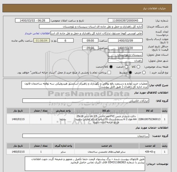 استعلام عملیات خرید لوازم و دستمزد رفع نواقص و نگهداری و راهبری آسانسور هیدرولیکی سه توقفه ساختمان قانون تردد اداره کل زاهدان ( طبق فایل پیوست) 