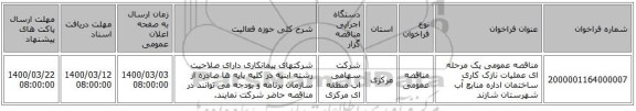 مناقصه عمومی یک مرحله ای عملیات نازک کاری ساختمان اداره منابع آب شهرستان شازند