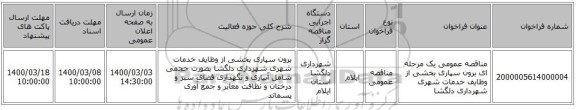 مناقصه عمومی یک مرحله ای برون سپاری بخشی از وظایف خدمات شهری شهرداری دلگشا