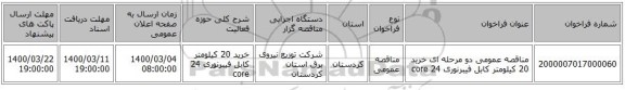 مناقصه عمومی دو مرحله ای خرید  20 کیلومتر کابل فیبرنوری 24 core