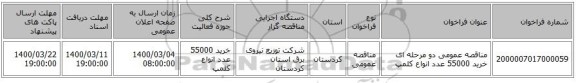 مناقصه عمومی دو مرحله ای خرید 55000 عدد انواع کلمپ  