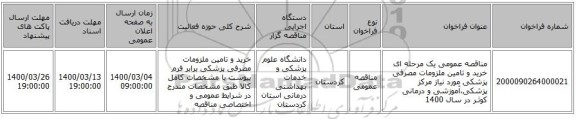 مناقصه عمومی یک مرحله ای خرید و تامین ملزومات مصرفی پزشکی مورد نیاز مرکز پزشکی،آموزشی و درمانی کوثـر در سال 1400