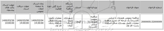 مناقصه عمومی همزمان با ارزیابی (فشرده) یک مرحله ای تجدید مناقصه عملیات تکمیل بهسازی مدفن سراوان رشت- فاز اول