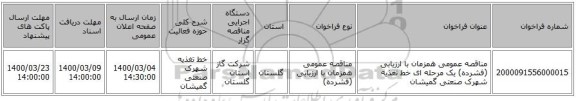 مناقصه عمومی همزمان با ارزیابی (فشرده) یک مرحله ای خط تغذیه شهرک صنعتی گمیشان