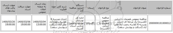 مناقصه عمومی همزمان با ارزیابی (فشرده) یک مرحله ای احداث مدرسه 6 کلاسه رحمت آباد علی آباد (اسکلت و پوشش سقف)