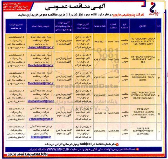 مناقصه P/L GOODWIN CHECK VALVEDUAL....