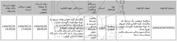 مناقصه عمومی یک مرحله ای واگذاری کلیه فعالیت‌های مربوط به تهیه مواداولیه،نگهداری،طبخ و توزیع غذای  مراکزشهیدرجائی،مستقل ولایت وبیمارستان شفا