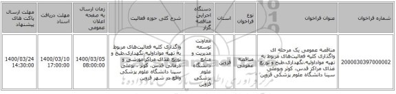 مناقصه عمومی یک مرحله ای واگذاری کلیه فعالیت‌های مربوط به تهیه مواداولیه،نگهداری،طبخ و توزیع غذای مراکز قدس، کوثر وبوعلی سینا دانشگاه علوم پزشکی قزوین