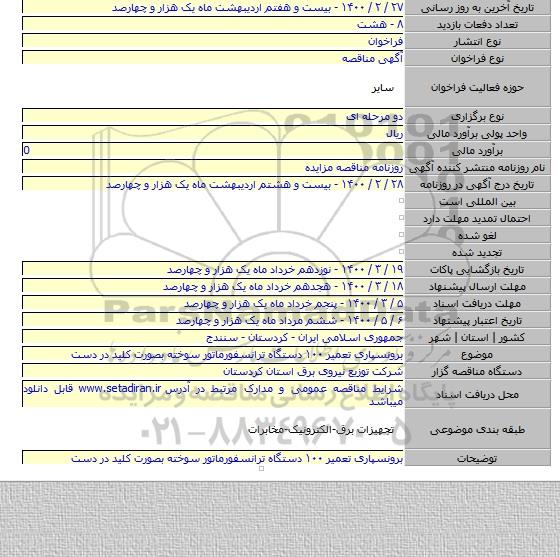 برونسپاری تعمیر ۱۰۰ دستگاه ترانسفورماتور سوخته بصورت کلید در دست