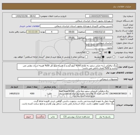 استعلام رنگ ترافیکی سه جزئی سفید به مقدار 4300 کیلو گرم و از هزینه مبلغ کل 50% هزینه اسناد دولتی می باشد و 50% اعتبار داخلی می باشد