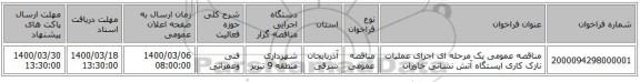 مناقصه عمومی یک مرحله ای اجرای عملیات نازک کاری ایستگاه آتش نشانی خاوران