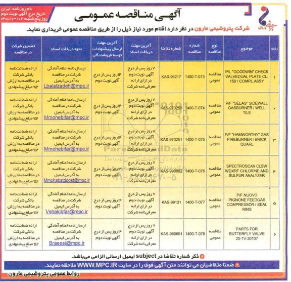 مناقصه P/L GOODWIN CHECK VALVEDUAL....