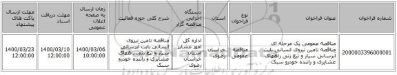 مناقصه عمومی یک مرحله ای مناقصه تامین نیروی انسانی بابت آبرسانی سیار و تیغ زنی راههای عشایری و راننده خودرو سبک