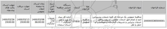 مناقصه عمومی یک مرحله ای کلیه خدمات پشتیبانی اعم از انجام امور خدمات نظافتی، سرویس‌دهی خدمات پذیرایی و تشریفات آبدارخانه و مهمانسرا و حمل و نقل 