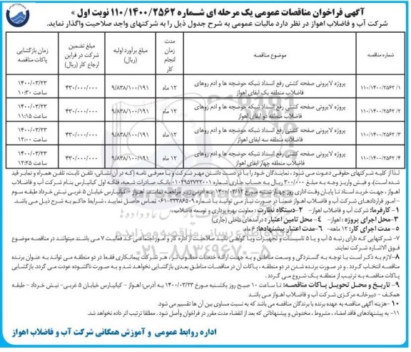 فراخوان مناقصه , فراخوان مناقصات پروژه لایروبی صفحه کشتی رفع انسداد شبکه حوضچه ها و آدم روهای فاضلاب ...