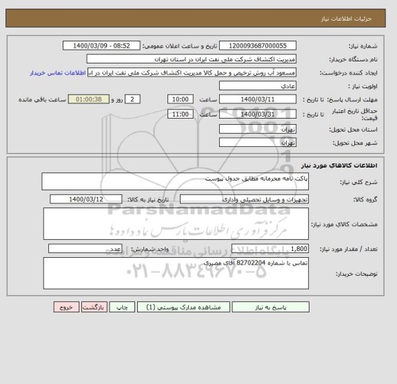 استعلام پاکت نامه محرمانه مطابق جدول پیوست