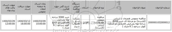 مناقصه عمومی همزمان با ارزیابی (فشرده) دو مرحله ای خرید 5300 شاخه لوله پلی‌اتیلن فاضلابی  دو جداره کوپلر سرخود ( 6 متری ) 