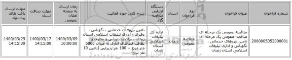 مناقصه عمومی یک مرحله ای مناقصه عمومی یک مرحله ای تامین نیروهای خدماتی ، نگهبانی و اداری تبلیغات اسلامی استان زنجان