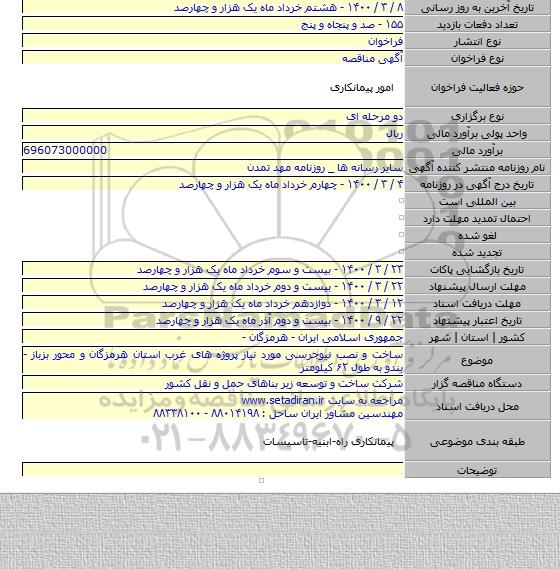 ساخت و نصب نیوجرسی مورد نیاز پروژه های غرب استان هرمزگان و محور بزباز - بندو به طول ۶۲ کیلومتر