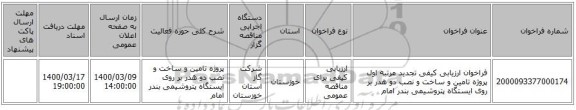 فراخوان ارزیابی کیفی تجدید مرتبه اول پروژه تامین و ساخت و نصب دو هدر بر روی ایستگاه پتروشیمی بندر امام