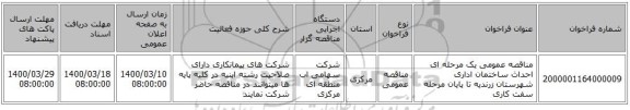 مناقصه عمومی یک مرحله ای احداث ساختمان اداری شهرستان زرندیه تا پایان مرحله سفت کاری  