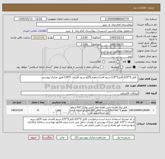 استعلام  کابل 3*2/5-کابل3*1/5-سیم افشان نمره 2/5و سیم افشان 1*1/5 طبق مدارک پیوستی