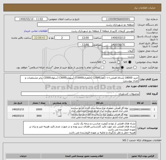 استعلام خرید 18000 نشائ فصلی>> (آهار2500) (جعفری10000) (پریوش3000) (سلوی2500) برابر مشخصات و تعداد پیوستی