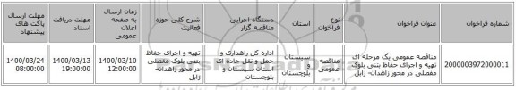 مناقصه عمومی یک مرحله ای تهیه و اجرای حفاظ بتنی بلوک مفصلی در محور زاهدان- زابل