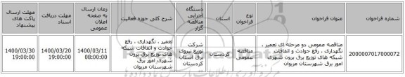 مناقصه عمومی دو مرحله ای تعمیر ، نگهداری ، رفع حوادث و اتفاقات شبکه های توزیع برق برون شهری امور برق  شهرستان مریوان