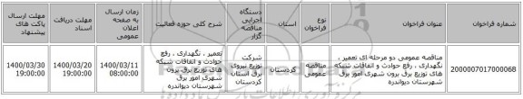 مناقصه عمومی دو مرحله ای تعمیر ، نگهداری ، رفع حوادث و اتفاقات شبکه های توزیع برق برون شهری امور برق  شهرستان دیواندره