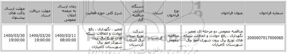 مناقصه عمومی دو مرحله ای تعمیر ، نگهداری ، رفع حوادث و اتفاقات شبکه های توزیع برق برون شهری امور برق  شهرستان کامیاران