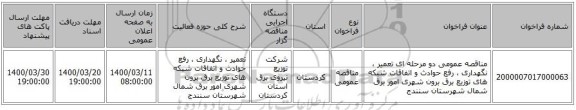 مناقصه عمومی دو مرحله ای تعمیر ، نگهداری ، رفع حوادث و اتفاقات شبکه های توزیع برق برون شهری امور برق شمال شهرستان سنندج