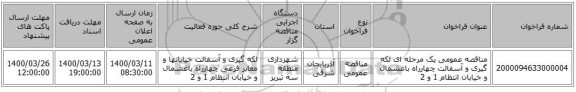 مناقصه عمومی یک مرحله ای لکه گیری و آسفالت چهارراه باغشمال و خیابان انتظام 1 و 2