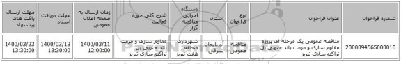 مناقصه عمومی یک مرحله ای پروژه مقاوم سازی و مرمت باند جنوبی پل تراکتورسازی تبریز