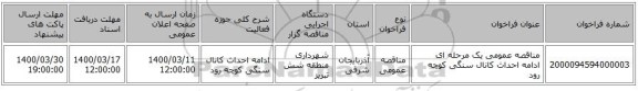 مناقصه عمومی یک مرحله ای ادامه احداث کانال سنگی کوچه رود