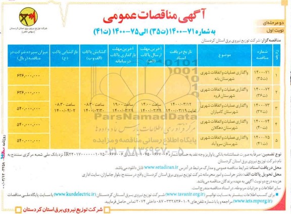 مناقصه واگذاری عملیات و اتفاقات شهری شهرستان 