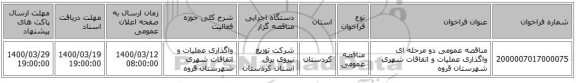 مناقصه عمومی دو مرحله ای  واگذاری عملیات و اتفاقات شهری شهرستان قروه