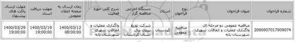 مناقصه عمومی دو مرحله ای  واگذاری عملیات و اتفاقات شهری شهرستان بانه