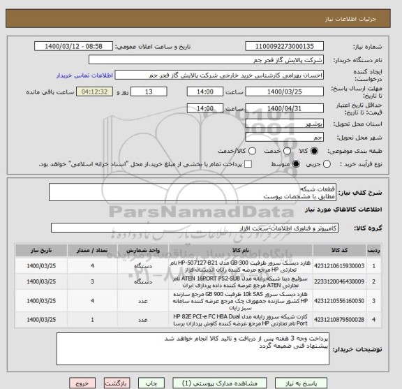 استعلام قطعات شبکه 
مطابق با مشخصات پیوست 