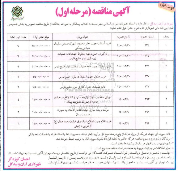 آگهی مناقصه, مناقصه خرید آسفالت جهت معابر و ...