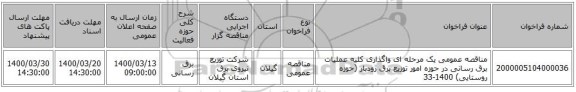 مناقصه عمومی یک مرحله ای واگذاری کلیه عملیات برق رسانی در حوزه امور توزیع برق رودبار (حوزه روستایی) 1400-33