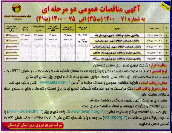 مناقصه واگذاری عملیات و اتفاقات شهری شهرستان - نوبت دوم