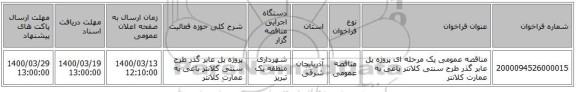 مناقصه عمومی یک مرحله ای پروژه پل عابر گذر طرح سنتی کلانتر باغی به عمارت کلانتر